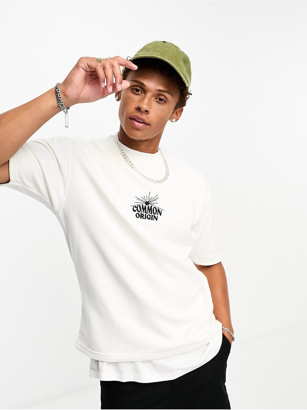 Pull&Bear White T-Shirt with Black Chest Graphic